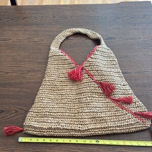 Bujibaja Handcrafted Tan and Red Woven Bag. Never used.
